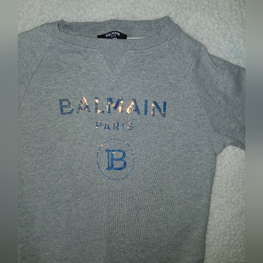 Balmain Kids Grey Sweatshirt with Metallic Blue Logo